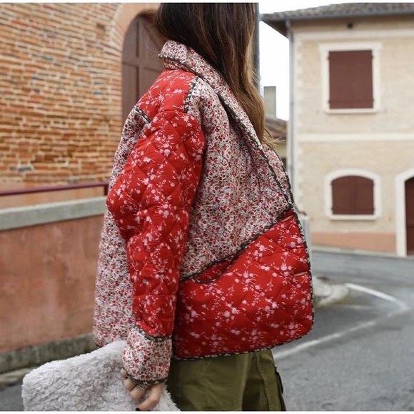 The Carmen Vibrant Micro Floral Patchwork Cropped Coat Quilted Puffer Jacket - Picture 2 of 15